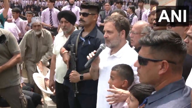Congress MP Rahul Gandhi at a school in Poonch, which is affected by Pakistan's cross-border shelling.