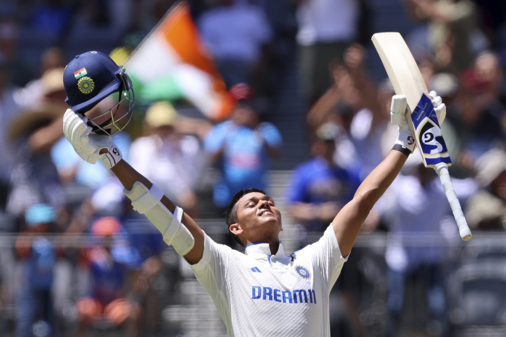 India's Yashasvi Jaiswal celebrates his century on the third day of the first cricket test between Australia and India in Perth, Australia India's Yashasvi Jaiswal celebrates his century on the third day of the first cricket test between Australia and India in Perth, Australia