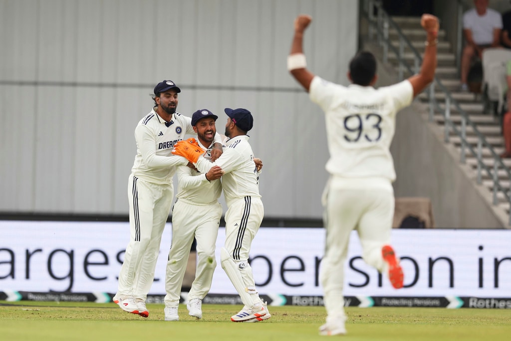 India's Jasprit Bumrah, right, and teammates celebrate the dismissal of England's Zak Crawley on day two of the first cricket test match between England and India at Headingley in Leeds, England, Saturday, June 21, 2025, (AP Photo/Scott Heppell) India's Jasprit Bumrah, right, and teammates celebrate the dismissal of England's Zak Crawley on day two of the first cricket test match between England and India at Headingley in Leeds, England, Saturday, June 21, 2025, (AP Photo/Scott Heppell)