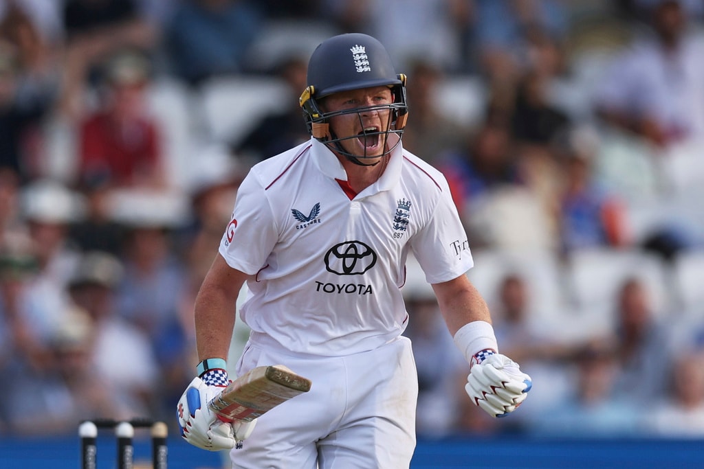 England's Ollie Pope celebrates after scoring a century on day two of the first cricket test match between England and India at Headingley in Leeds, England, Saturday, June 21, 2025. (AP Photo/Scott Heppell) England's Ollie Pope celebrates after scoring a century on day two of the first cricket test match between England and India at Headingley in Leeds, England, Saturday, June 21, 2025. (AP Photo/Scott Heppell)