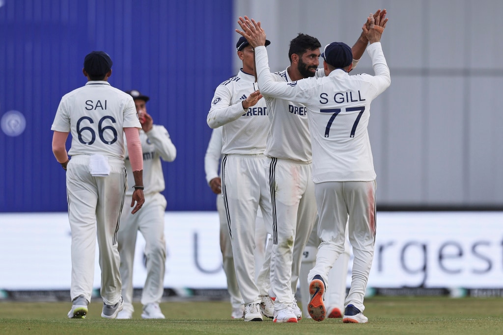 India's Jasprit Bumrah, second right, celebrates with teammates after the dismissal of England's Joe Root on day two of the first cricket test match between England and India at Headingley in Leeds, England, Saturday, June 21, 2025. (AP Photo/Scott Heppell) India's Jasprit Bumrah, second right, celebrates with teammates after the dismissal of England's Joe Root on day two of the first cricket test match between England and India at Headingley in Leeds, England, Saturday, June 21, 2025. (AP Photo/Scott Heppell)