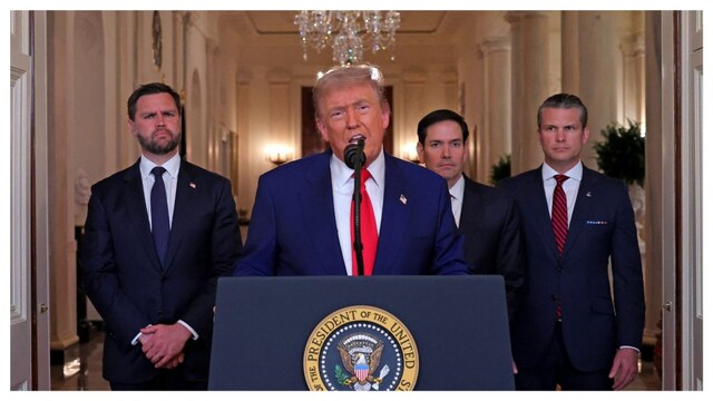 US President Donald Trump addresses the nation, alongside US Vice President JD Vance (L), US Secretary of State Marco Rubio (2nd R) and US Secretary of Defense Pete Hegseth (R), from the White House. (AFP)