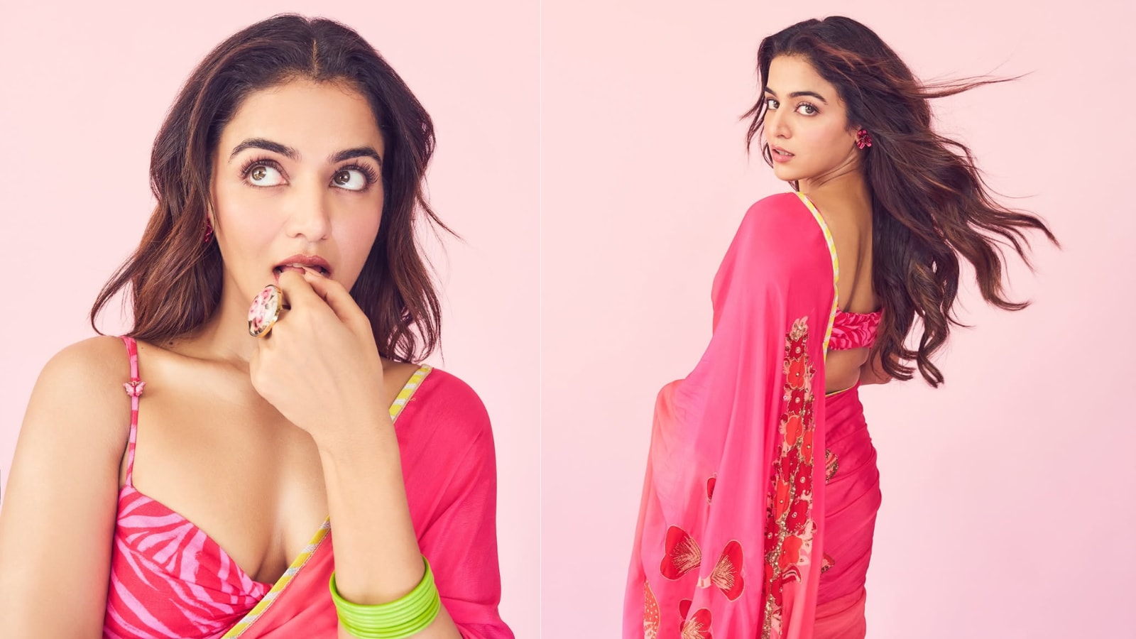 Wamiqa Gabbi Stuns in Pink Chiffon Saree with Floral Details