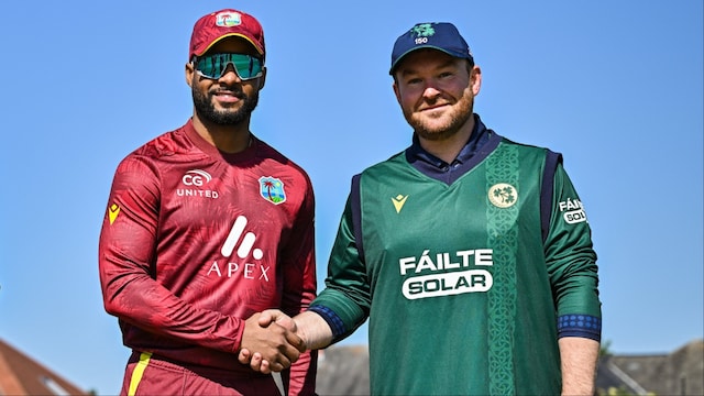 Ireland vs West Indies T20I Series 2025 Ireland vs West Indies players greet each other during the T20I match at Bready Cricket Club