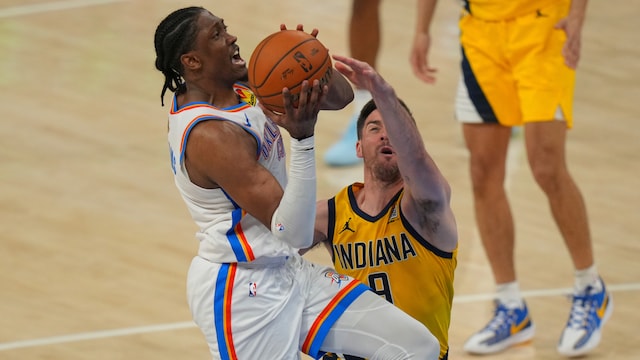Jalen Williams (left) shoots past Indiana Pacers guard T.J. McConnell. (AP Photo)