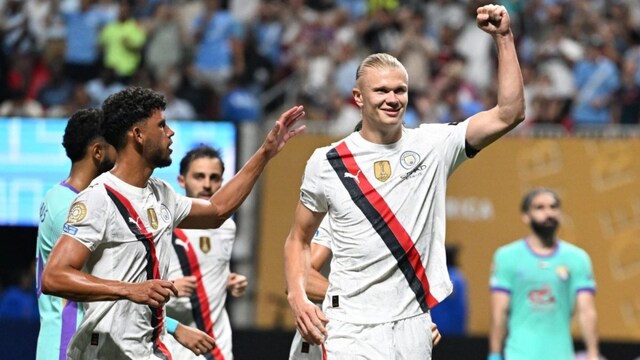 Erling Haaland with his Manchester City teammates at the Club World Cup (AFP)