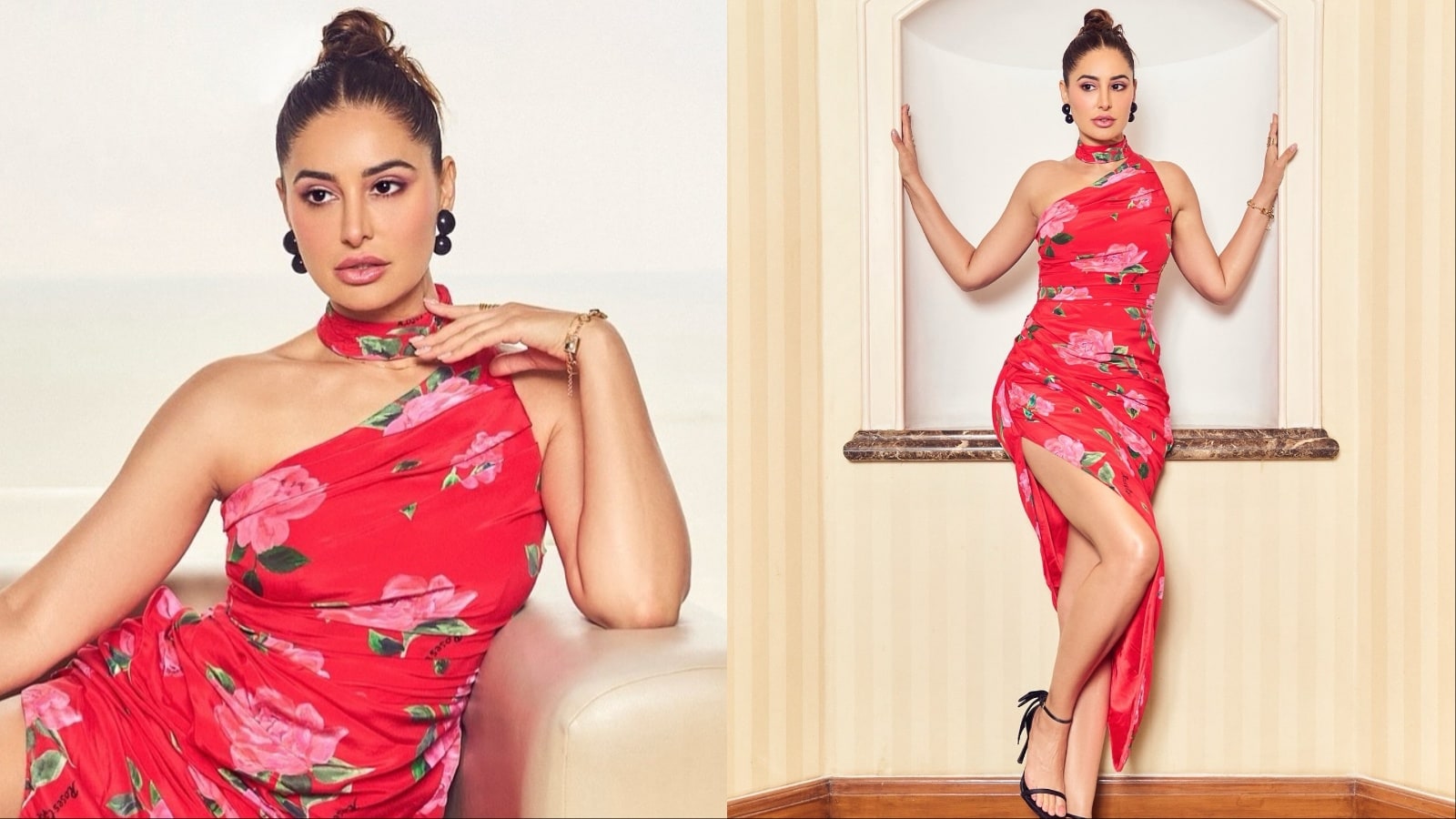 Nargis Fakhri’s Ruched Floral Red Dress Is Spring-Summer Perfection At Its Finest