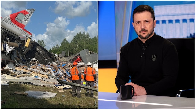 Damage in Russia (L)/Ukrainian President Zelenskyy (R) (Photos: Reuters)