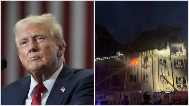 Donald Trump/A building in Tehran hit in an Israeli strike (Photos: AP/AFP)