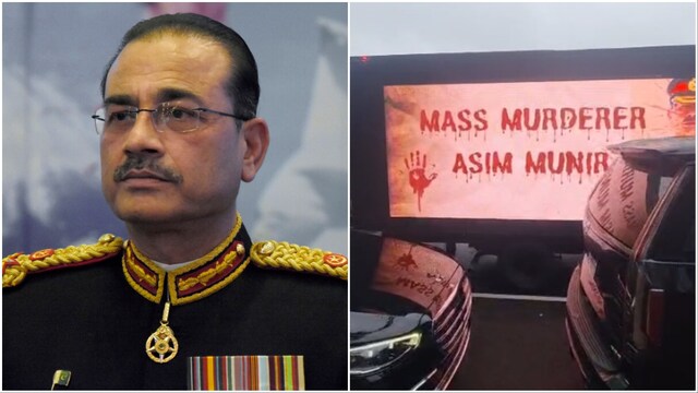 A file photo of Asim Munir (AP)/ Video screengrab of protests in US