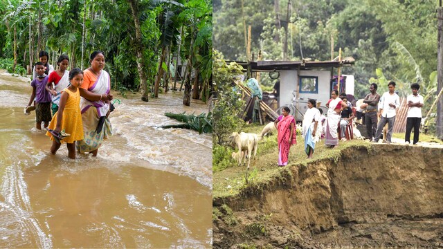 People wade through floodwater following heavy rainfall, at Kampur area, in Nagaon district, Assam. (PTI)