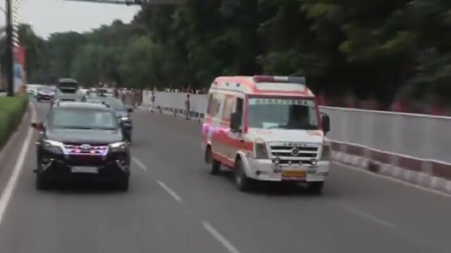 Prime Minister Narendra Modi's convoy gives way to an ambulance during the roadshow in Bhubaneswar. (ANI)