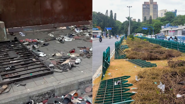Footwear lie on the ground outside the Chinnaswamy Stadium a day after the stampede, following a large gathering of fans for the felicitation of IPL 2025 winning Royal Challengers Bengaluru team, in Bengaluru, Karnataka, Wednesday. (PTI)