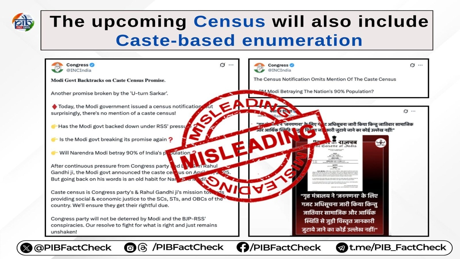 PIB Fact-Checks Congress, Debunks Reports Claiming Caste Enumeration Not Included In Census 2027