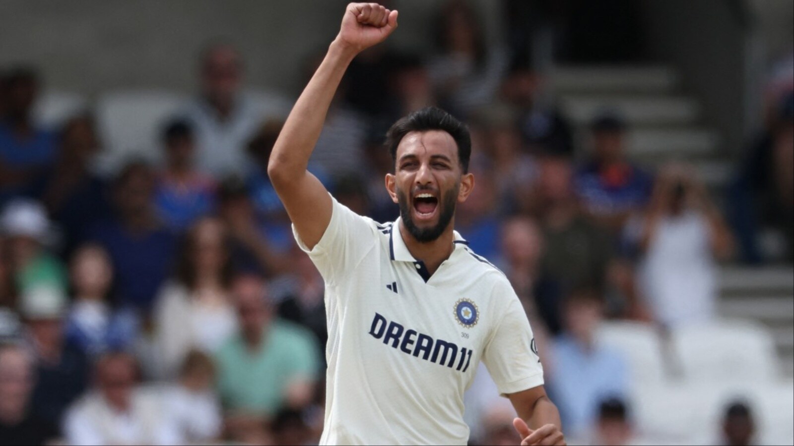 Prasidh Krishna celebrates after taking wicket.