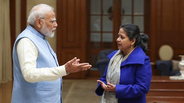 Prime Minister Narendra Modi during a meeting with Sharmistha Mukherjee, daughter of former president Pranab Mukherjee. (PTI file photo)