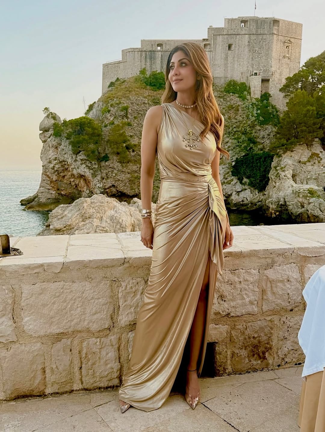 The actress looked gorgeous in a golden metallic gown with exquisite ruched details. She completed her look with minimal accessories. (image: Instagram) The actress looked gorgeous in a golden metallic gown with exquisite ruched details. She completed her look with minimal accessories. (image: Instagram)