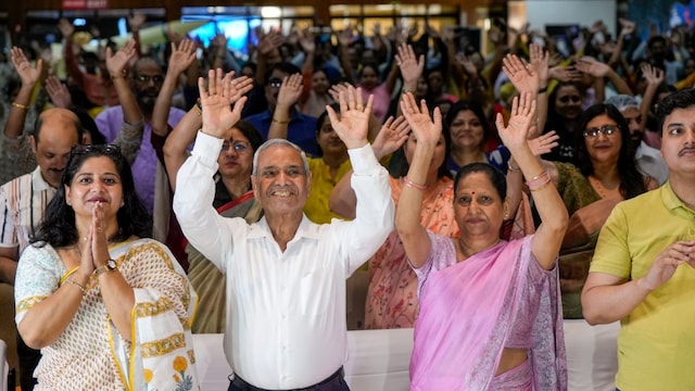 Shubhanshu Shukla's mother Asha Shukla, father Shambhu Shukla and others celebrate after Shukla, along with three other astronauts, reached the International Space Station. (PTI photo)
