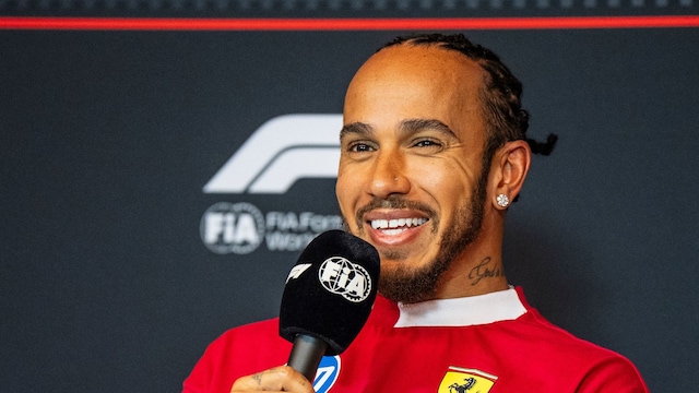 Ferrari driver Lewis Hamilton, of Britain takes part in a press conference at the F1 Canadian Grand Prix auto race in Montreal, Thursday, June 12, 2025. (Christopher Katsarov/The Canadian Press via AP)


