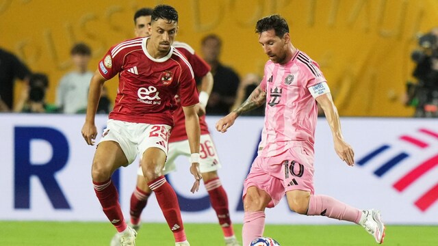 Inter Miami's Lionel Messi, right, and Al Ahly's Taher Mohamed compete for the ball during the Club World Cup group A soccer match between Al Ahly and Inter Miami in Miami, Fla., Saturday, June 14, 2025. (AP Photo/Lynne Sladky)


