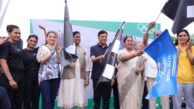 IOA President PT Usha, Sports Minister Mansukh Mandaviya, Delhi CM Rekha Gupta. (X) 