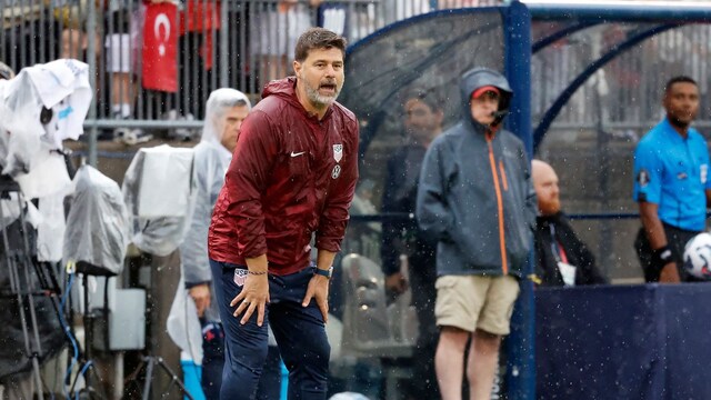 United States head coach Mauricio Pochettino encourages his team during the first half of an international friendly soccer game against Turkey, Saturday, June 7, 2025, in East Hartford, Conn. (AP Photo/Mary Schwalm)



