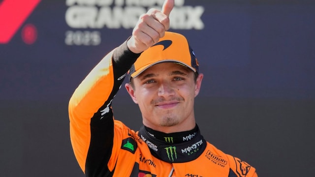 McLaren driver Lando Norris of Britain reacts after winning the pole positio at the qualifying at the Red Bull Ring racetrack, ahead of the Austrian Formula One Grand Prix in Spielberg, Austria, Saturday, June 28, 2025. (AP Photo/Darko Bandic)


