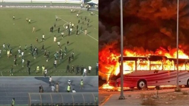 Fans of Al-Ahly attacked security personnel and set the Al-Ittihad team bus and a police vehicle ablaze in Libya. 