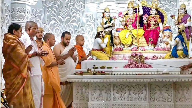 In this screengrab from a video by @myogiadityanath via X, Uttar Pradesh Chief Minister Yogi Adityanath attends the consecration ceremony of Shri Ram Darbar and other deity idols at the Shri Ram Janmabhoomi temple in Ayodhya, Thursday, June 5, 2025. (PTI)