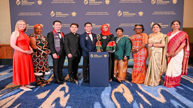 Vibha Salaliya from Gujarat and Sukhpal Kaur from Chandigarh next to nurse Naomi from Ghana (third from right) at Aster Guardians Global Nursing Award. Pic/News18
