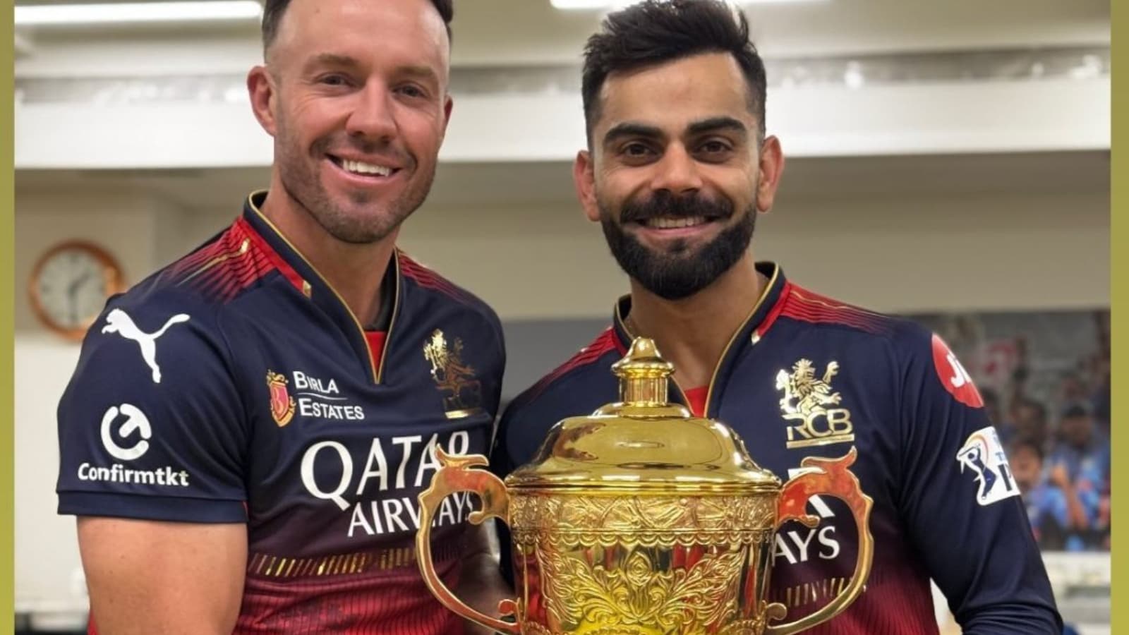 AB De Villiers with Virat Kohli holding up the IPL 2025 trophy (Instagram)