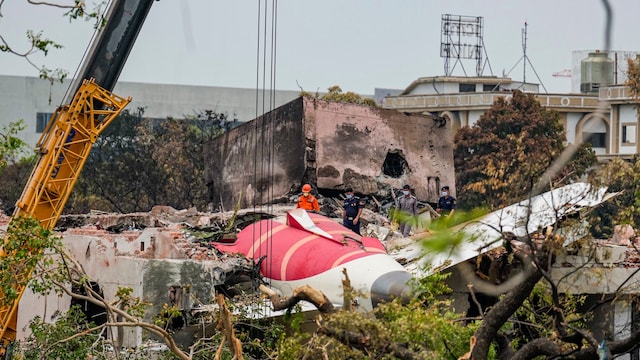 NDRF and security personnel at the site of the Air India plane crash, in Ahmedabad. (PTI photo)
