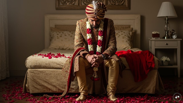 The newlyweds had just settled for the night when the bride said she needed to run some errands, but instead fled on a motorbike with her boyfriend. (AI Generated)
