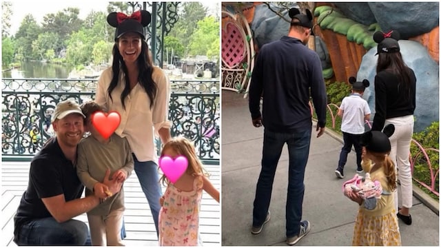 The family of four can be seen wearing Minnie Mouse hats, while a two-tier Little Mermaid-themed cake also features in the birthday celebration. 