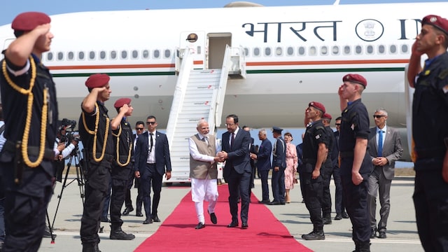 Prime Minister Narendra Modi was welcomed by Cyprus President Nikos Christodoulides upon his arrival. (image via X/@narendramodi)
