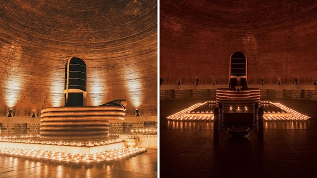 The Dhyanalinga dome is built of unique 1008 brick shapes that form the elliptical structure of the dome.