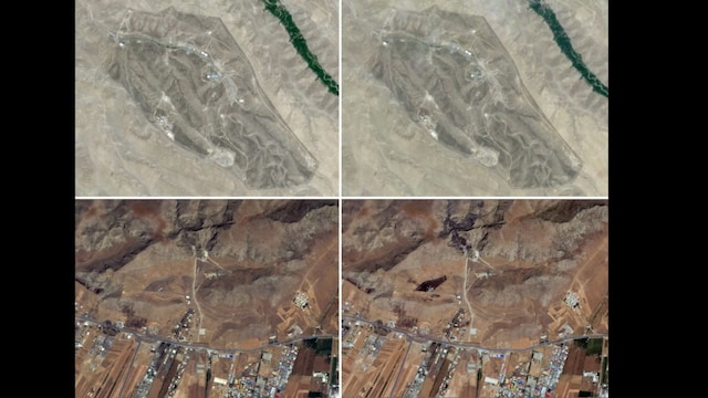 The four satellite images from Planet Labs PBC show an Iranian missile base near Tabriz on June 11 (top left), and the same place after an Israeli strike on June 13 (top right). An Iranian missile base near Kermanshah on June 12 (bottom left), and the same missile base after an Israeli strike on June 13. (Planet Labs PBC via AP)