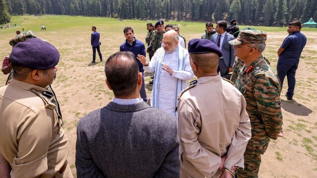 Union Home Minister Amit Shah at the site of the Pahalgam terror attack, in Anantnag district, Jammu and Kashmir. (X File/PTI)