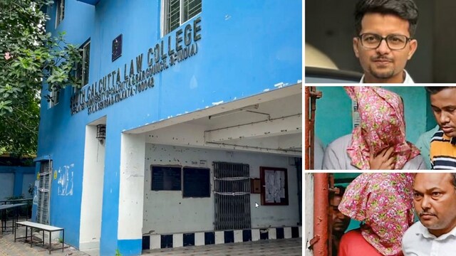 Monojit Mishra (top right) and two others (faces covered) have been arrested in connection with the South Kolkata law college rape case. (PTI/FB)