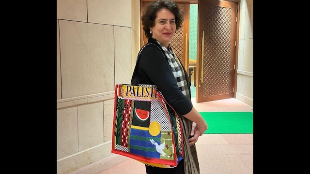Priyanka Gandhi Vadra dons a Palestine bag and a keffiyeh, the traditional Arab headdress, as a scarf. (X @drshamamohd)