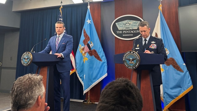 US Defence Secretary Pete Hegseth and Chairman of the Joint Chiefs of Staff Air Force General Dan Caine during a Pentagon briefing. (Reuters)