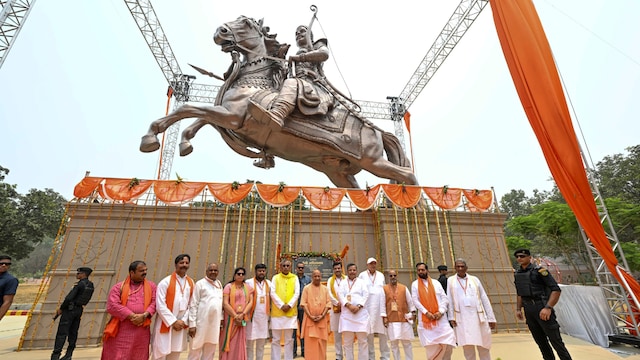 Uttar Pradesh Chief Minister Yogi Adityanath during the inauguration of a statue of Maharaja Suheldev, in Bahraich district of UP. (PTI)