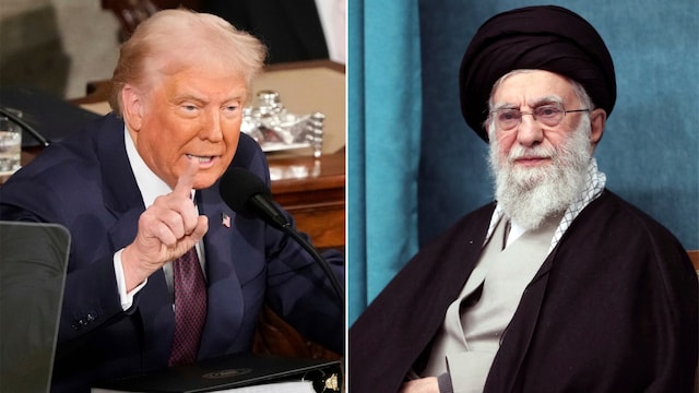 FILE - This combo of pictures show President Donald Trump, left, addressing a joint session of Congress at the Capitol in Washington, March 4, 2025, and a handout of Supreme Leader Ayatollah Ali Khamenei attending a ceremony in Tehran, Iran, March 8, 2025. (AP Photo/Ben Curtis - Office of the Iranian Supreme Leader via AP)