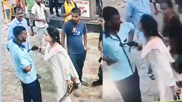 Ariba Khan seen pointing a gun at a petrol pump worker. 