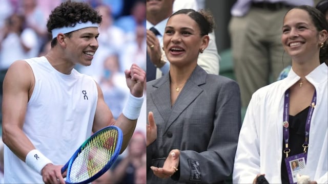 Ben Shelton, with his girlfirned and sister in the stands, at Wimbledon (AP)