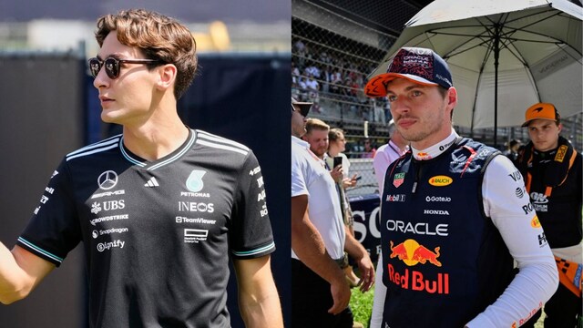 George Russell (L) could find himself replaced by Max Verstappen (R) at Mercedes. (AP) 