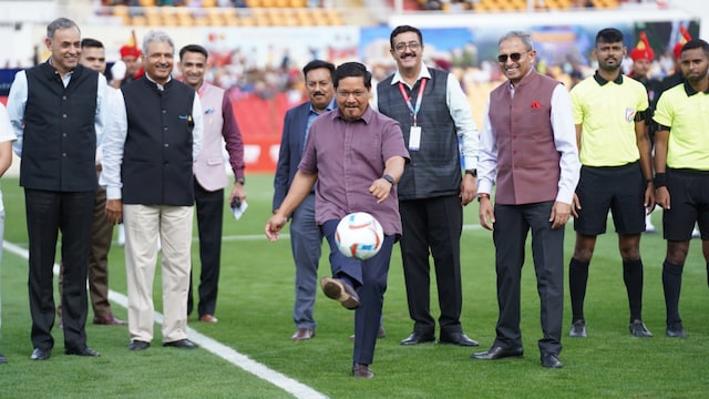 Conrad K Sangma, Chief Minister of Meghalaya, kicks off the 134th Durand Cup at the Jawaharlal Nehru Stadium, Shillong.