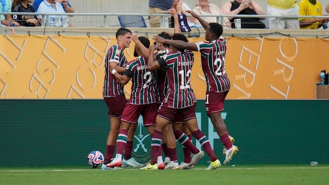 Fluminense's Matheus Martinelli celebrates with teammates after scoring the opening goal. (AP Photo)