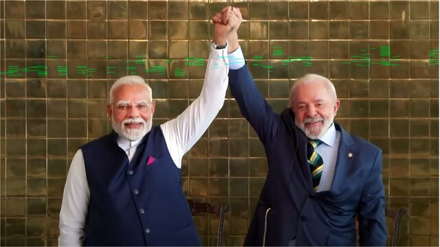 Prime Minister Narendra Modi and Brazil's President Luiz Inacio Lula da Silva during a joint press meet after their meeting, in Brasilia, Brazil on Tuesday, (PMO via PTI Photo)