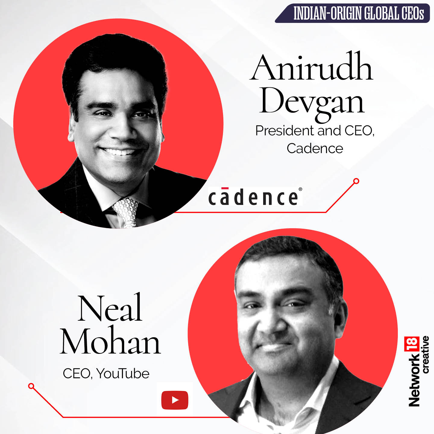 Anirudh Devgn was appointed as the CEO of Cadence Design Systems in 2021. Neal Mohan was named the CEO of YouTube in 2023. (Image: News18 Creative)